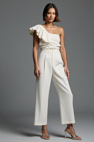 One Shoulder Ivory Ruffled Work Jumpsuits